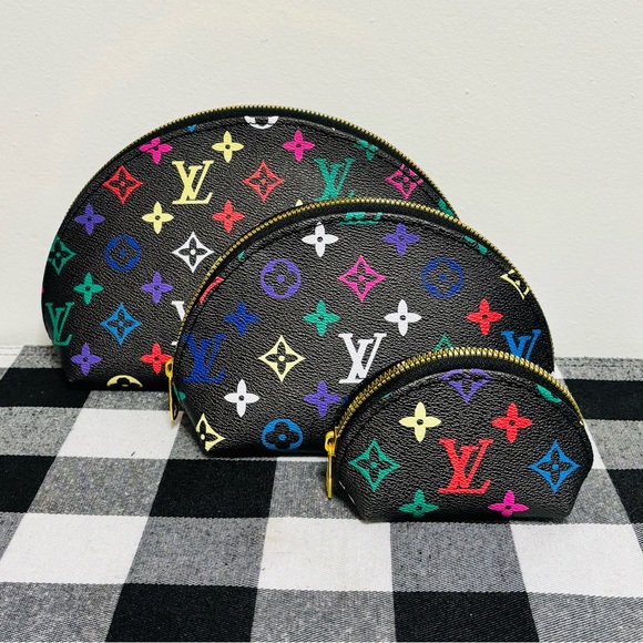 LV Fashion Handbags - Luxury-Inspired Black Multicolor Monogram Cosmetic Pouch Trio